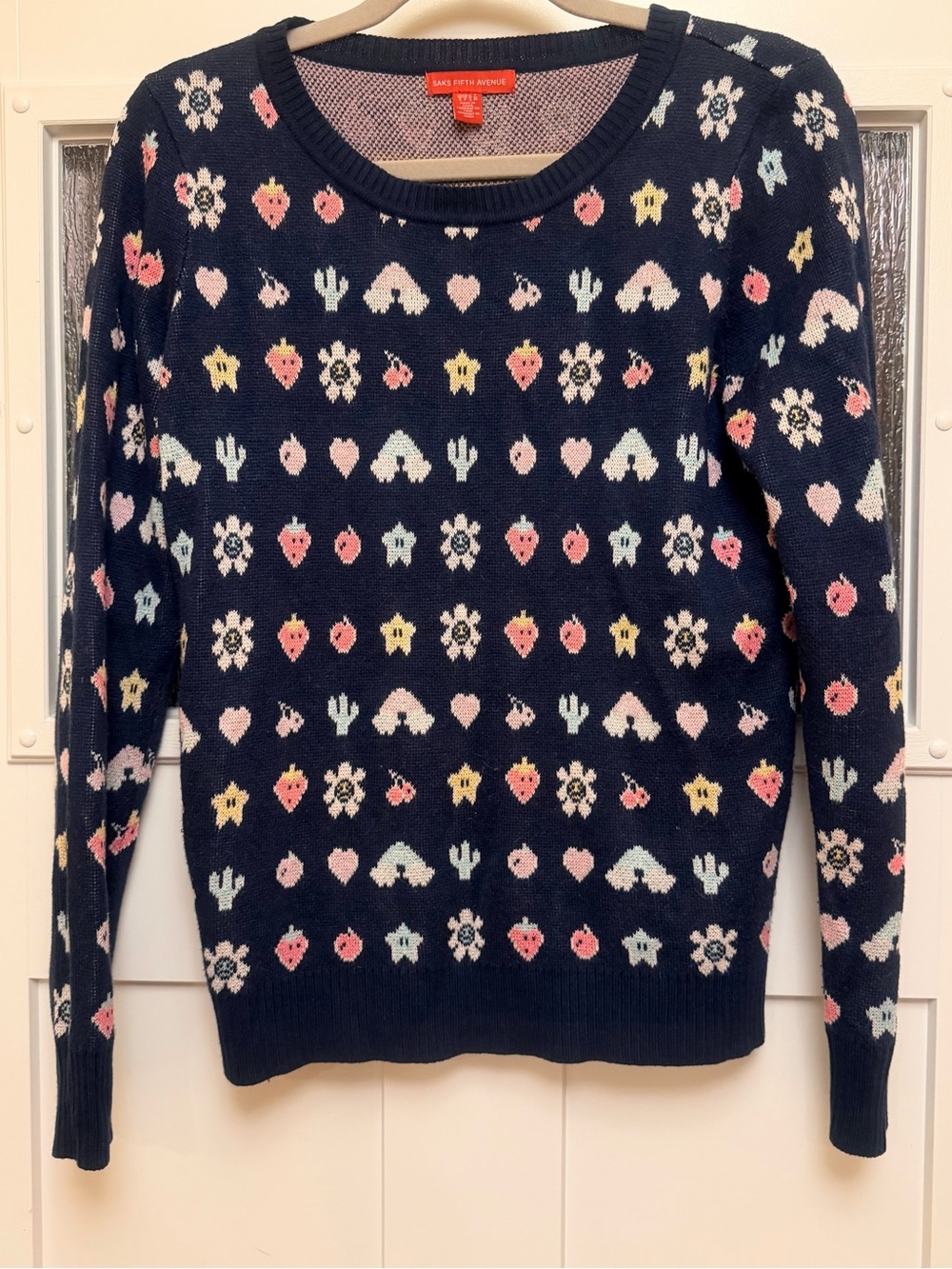 Saks Fifth Avenue Navy Crewneck Sweater with Pastel Motif